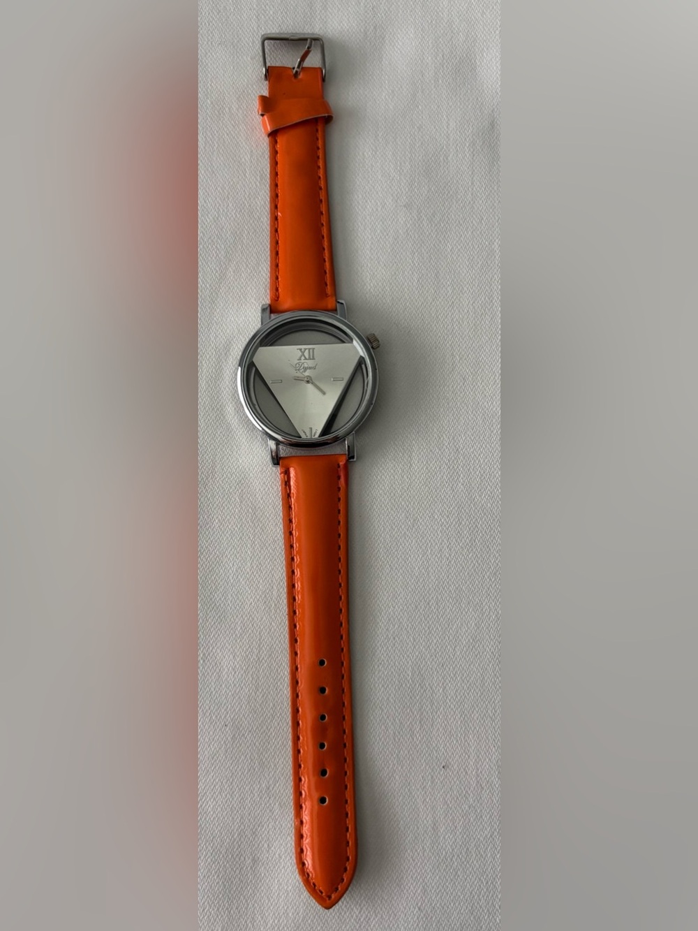 ⌚️$8 Silver Tone Triangle See-Through Dial and Orange Leather Like Band.